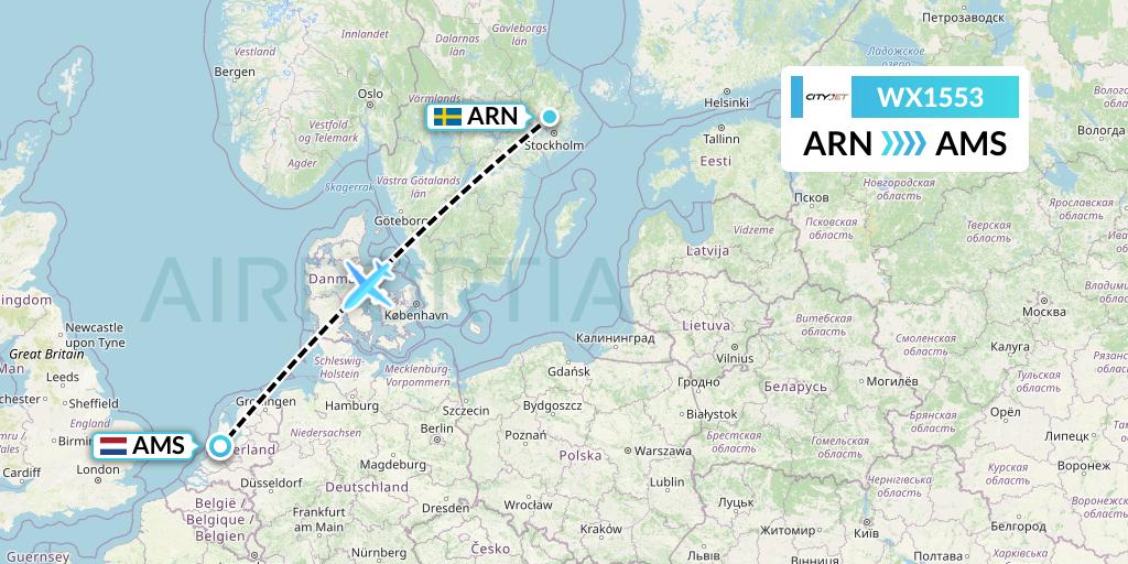 WX1553 Cityjet Flight Map: Stockholm to Amsterdam