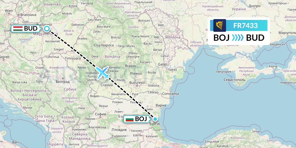 FR7433 Ryanair Flight Map: Burgas to Budapest