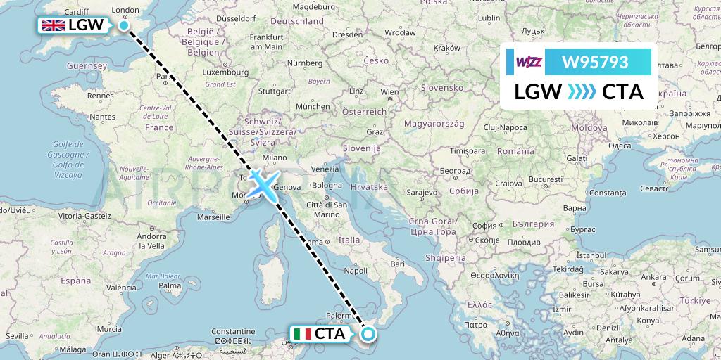 W95793 Wizz Air UK Flight Map: London to Catania
