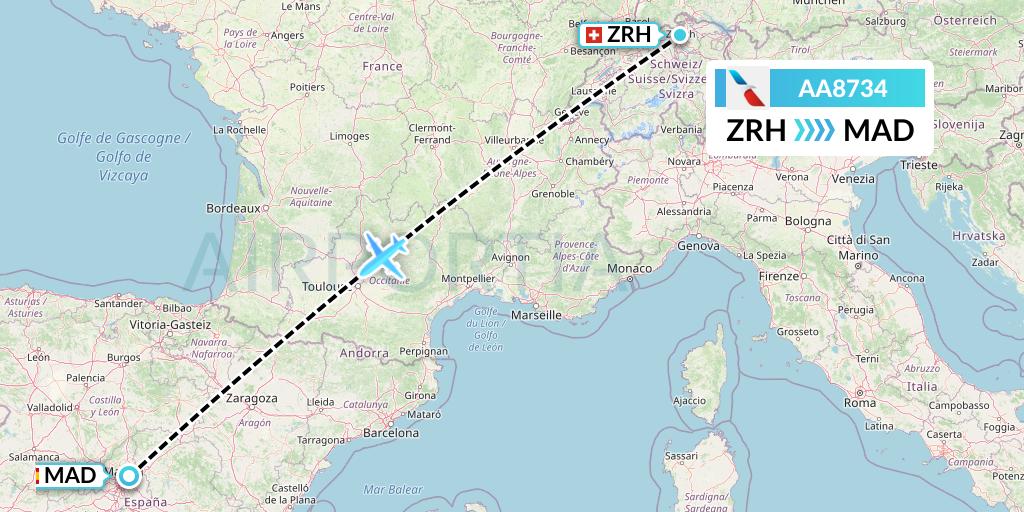 AA8734 American Airlines Flight Map: Zurich to Madrid