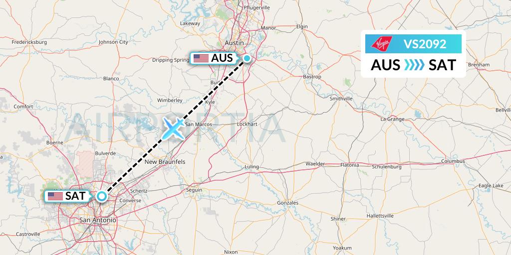 VS2092 Virgin Atlantic Airways Flight Map: Austin to San Antonio