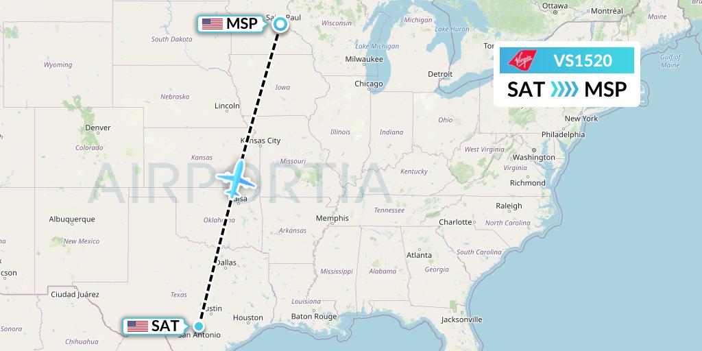 VS1520 Virgin Atlantic Airways Flight Map: San Antonio to Minneapolis