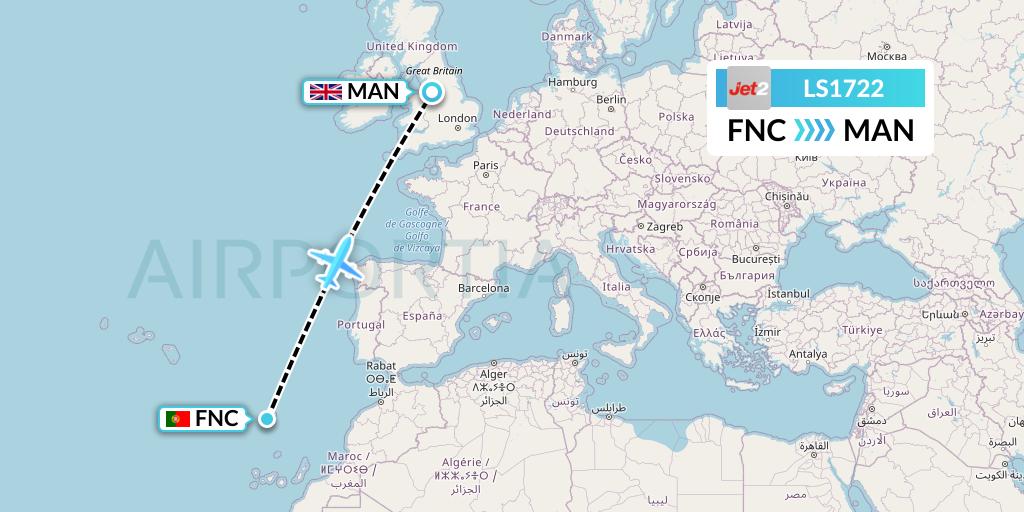 LS1722 Jet2 Flight Map: Funchal to Manchester