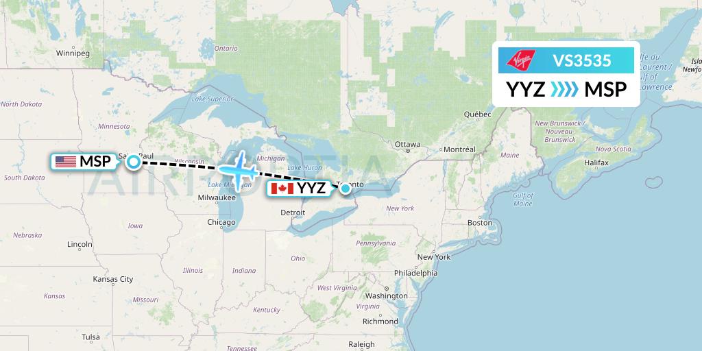 VS3535 Virgin Atlantic Airways Flight Map: Toronto to Minneapolis