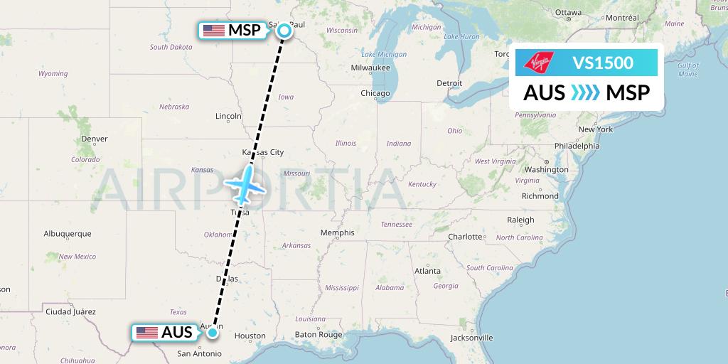 VS1500 Virgin Atlantic Airways Flight Map: Austin to Minneapolis