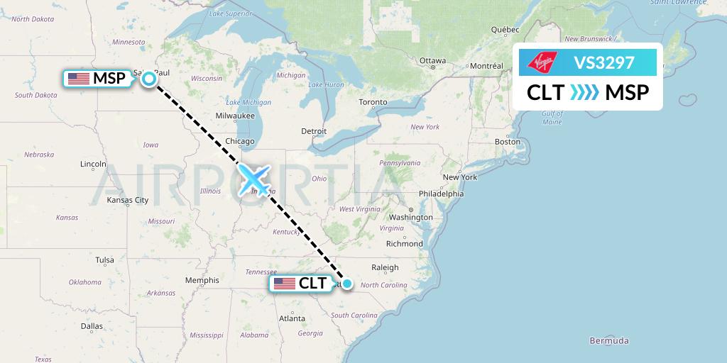 VS3297 Virgin Atlantic Airways Flight Map: Charlotte to Minneapolis