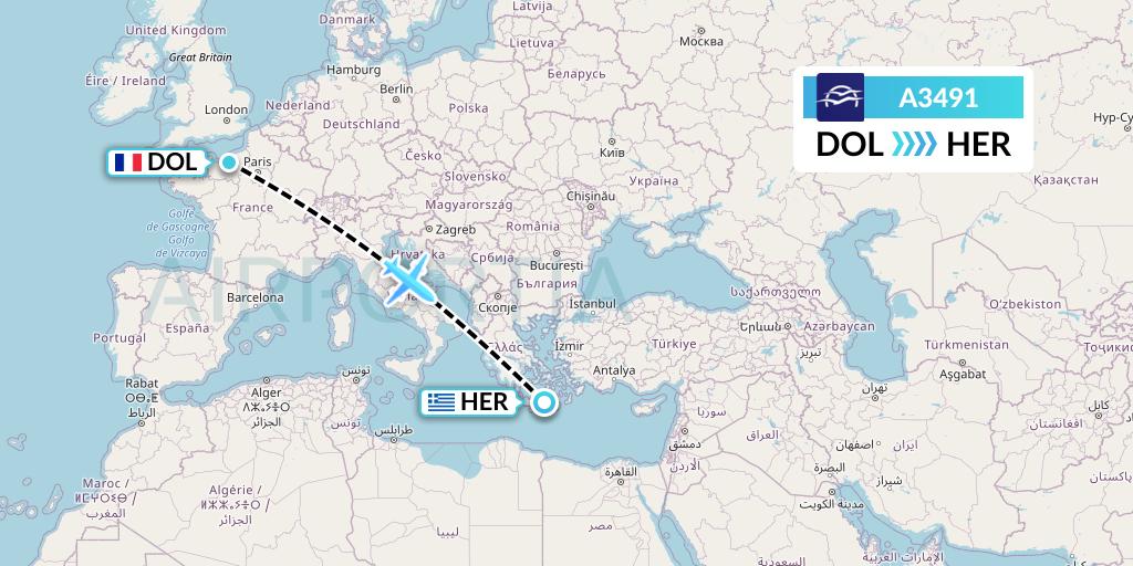 A3491 Aegean Airlines Flight Map: Deauville to Heraklion