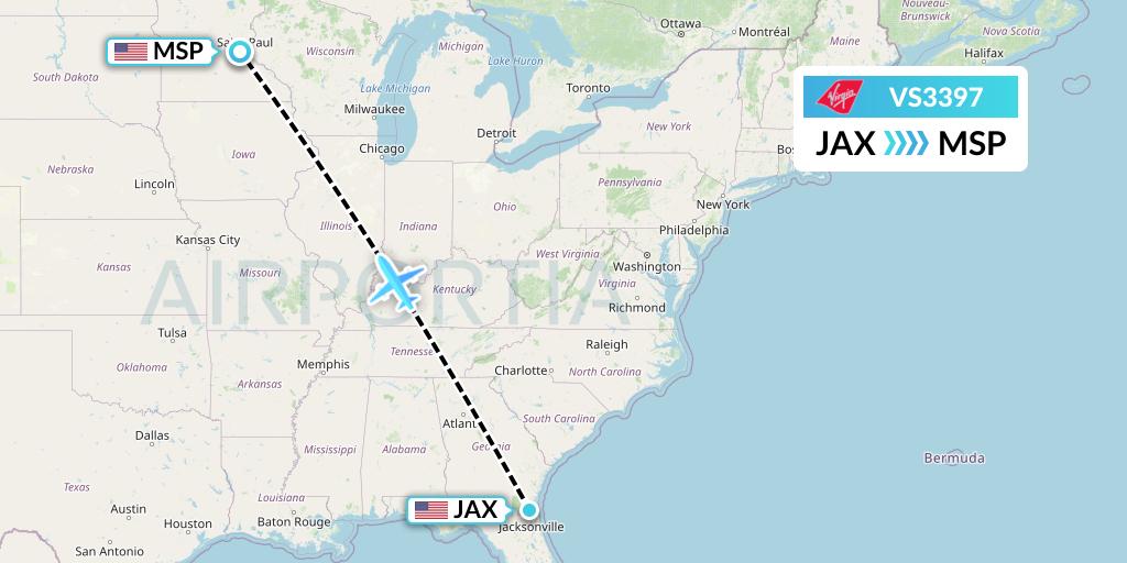 VS3397 Virgin Atlantic Airways Flight Map: Jacksonville to Minneapolis