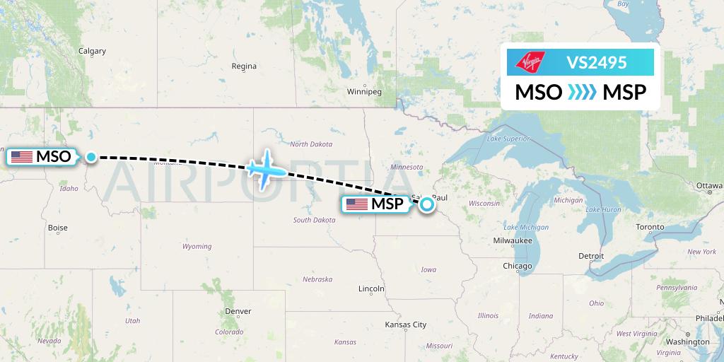 VS2495 Virgin Atlantic Airways Flight Map: Missoula to Minneapolis
