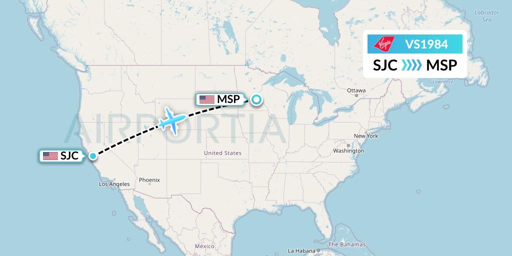 VS1984 Virgin Atlantic Airways Flight Map: San Jose to Minneapolis