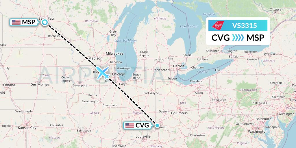 VS3315 Virgin Atlantic Airways Flight Map: Cincinnati to Minneapolis