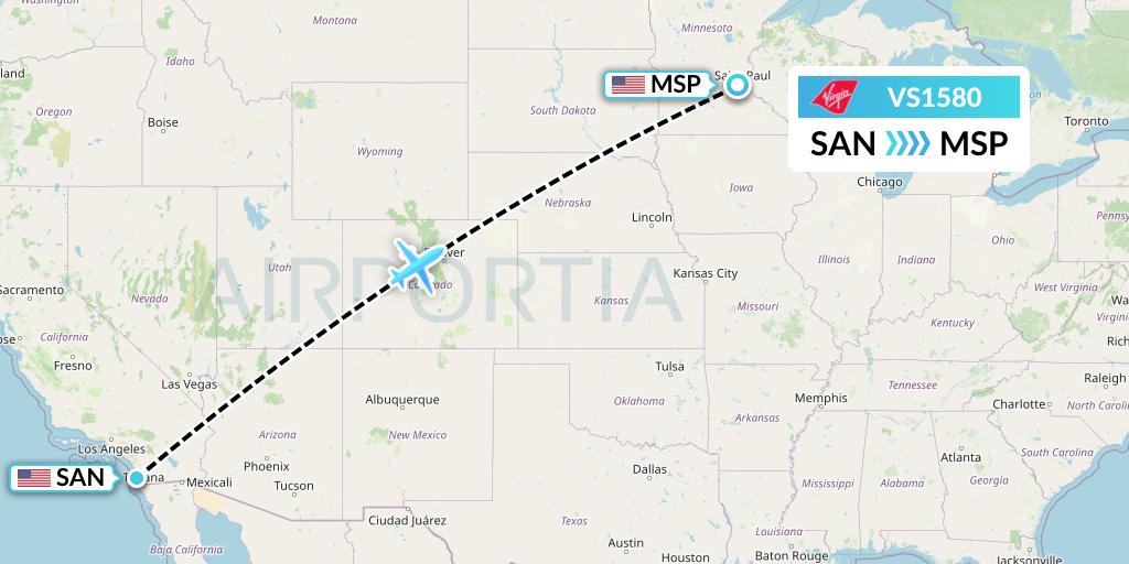 VS1580 Virgin Atlantic Airways Flight Map: San Diego to Minneapolis