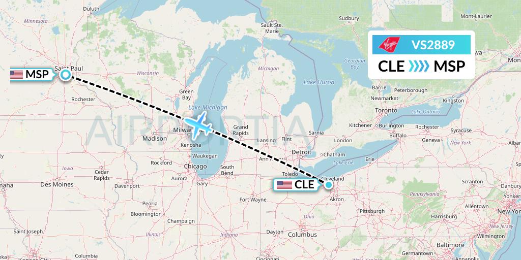 VS2889 Virgin Atlantic Airways Flight Map: Cleveland to Minneapolis