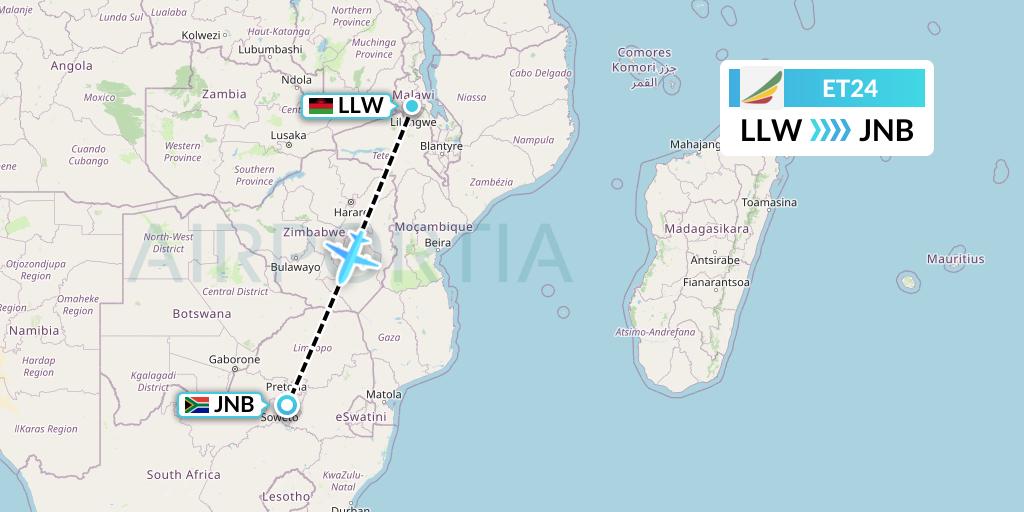 ET24 Ethiopian Airlines Flight Map: Lilongwe to Johannesburg