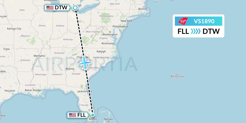 VS1890 Virgin Atlantic Airways Flight Map: Fort Lauderdale to Detroit