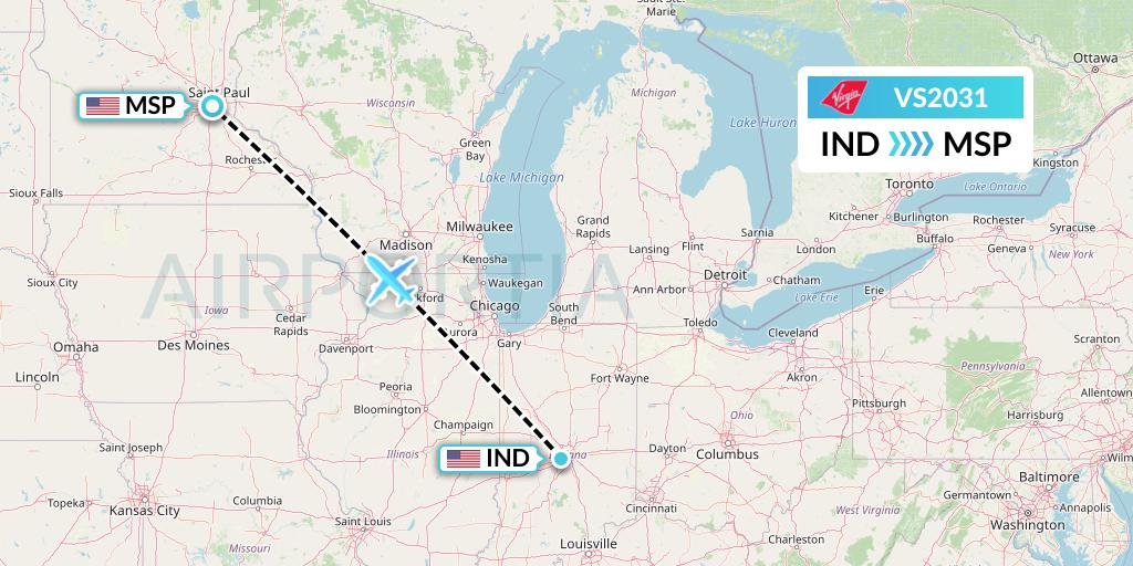 VS2031 Virgin Atlantic Airways Flight Map: Indianapolis to Minneapolis