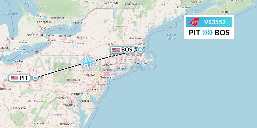 VS3552 Virgin Atlantic Airways Flight Map: Pittsburgh to Boston