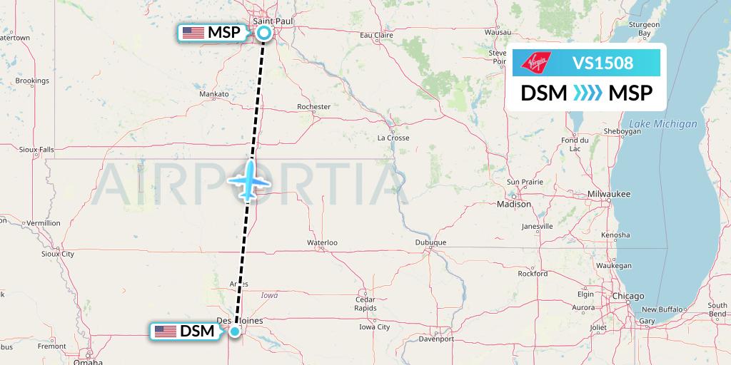 VS1508 Virgin Atlantic Airways Flight Map: Des Moines to Minneapolis