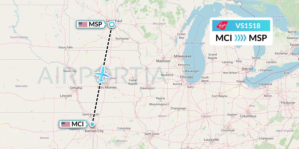 VS1518 Virgin Atlantic Airways Flight Map: Kansas City to Minneapolis