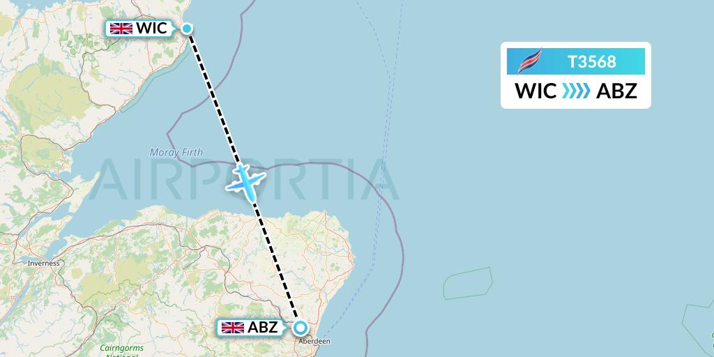 T3568 Eastern Airways Flight Map: Wick to Aberdeen