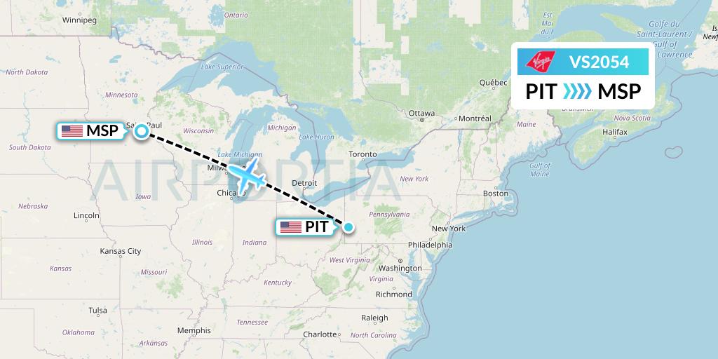 VS2054 Virgin Atlantic Airways Flight Map: Pittsburgh to Minneapolis