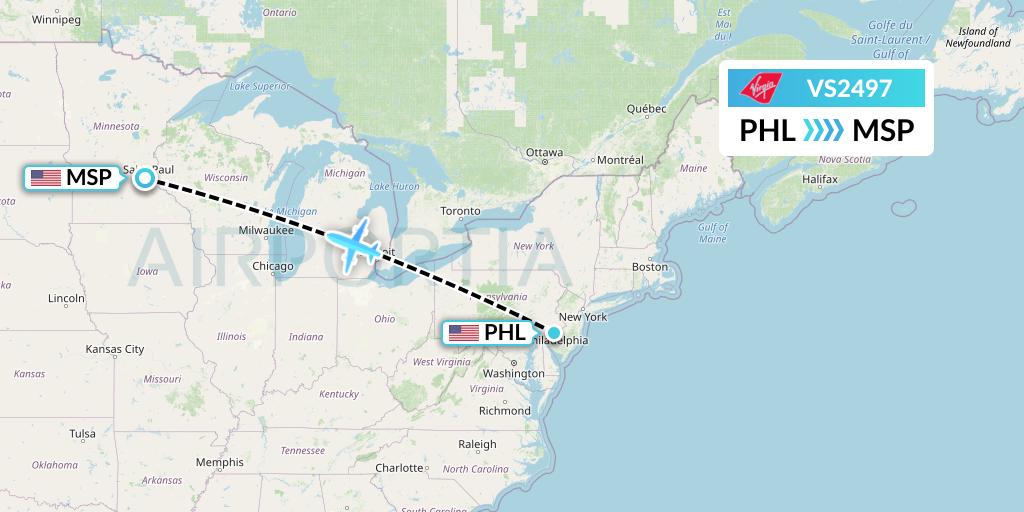 VS2497 Virgin Atlantic Airways Flight Map: Philadelphia to Minneapolis
