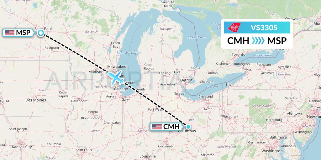 VS3305 Virgin Atlantic Airways Flight Map: Columbus to Minneapolis