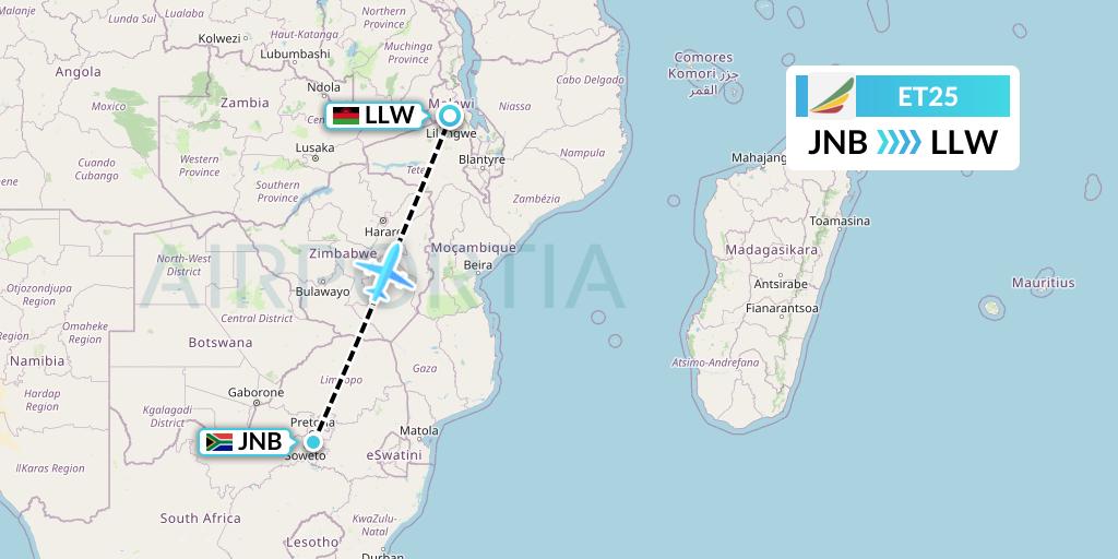 ET25 Ethiopian Airlines Flight Map: Johannesburg to Lilongwe