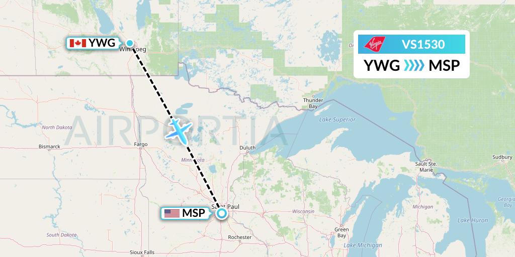VS1530 Virgin Atlantic Airways Flight Map: Winnipeg to Minneapolis