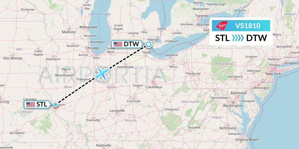 VS1810 Virgin Atlantic Airways Flight Map: St. Louis to Detroit