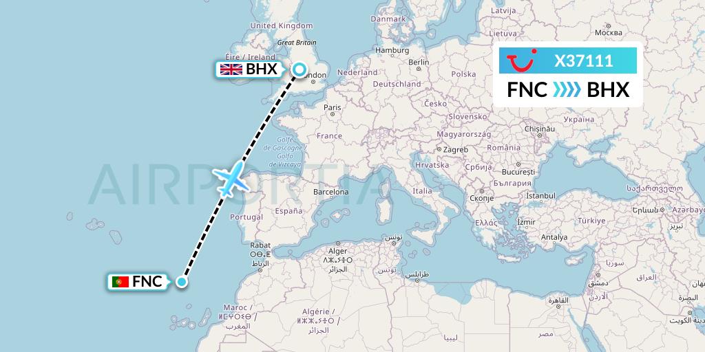 X37111 TUI fly Germany Flight Map: Funchal to Birmingham