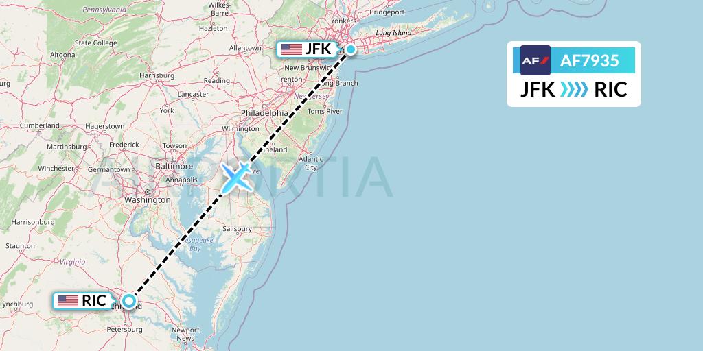 AF7935 Air France Flight Map: New York to Richmond