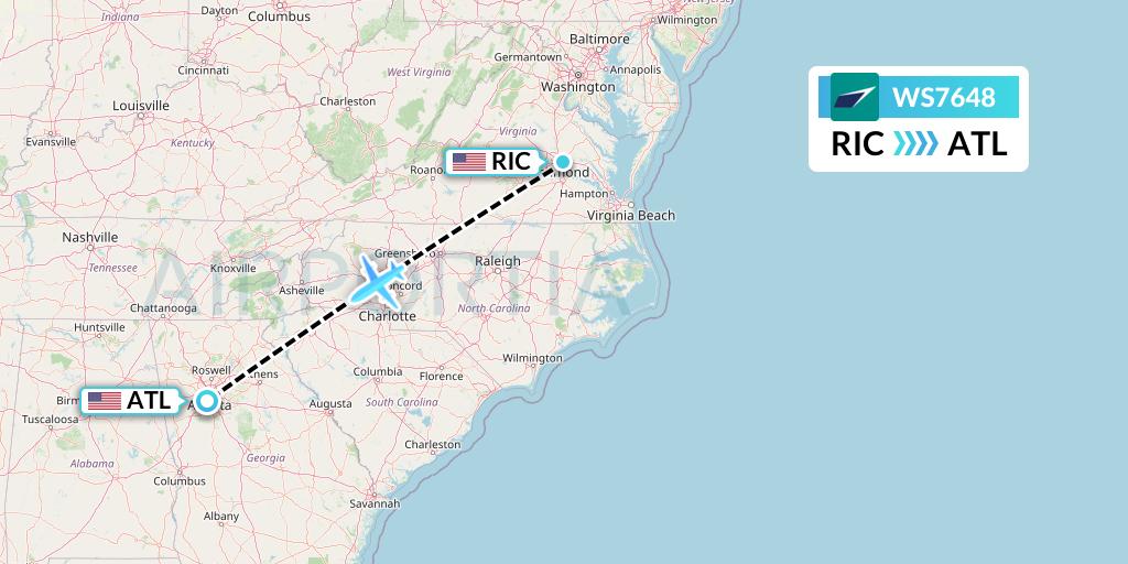 WS7648 WestJet Flight Map: Richmond to Atlanta