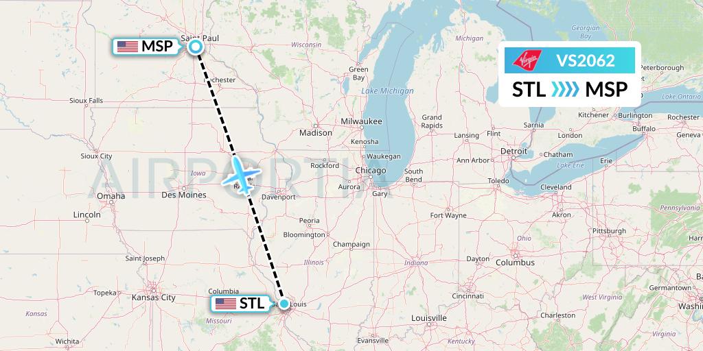 VS2062 Virgin Atlantic Airways Flight Map: St. Louis to Minneapolis