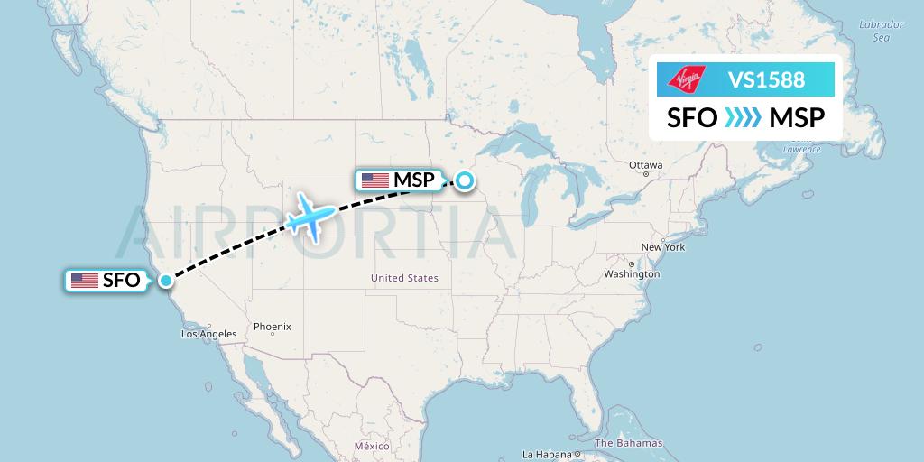 VS1588 Virgin Atlantic Airways Flight Map: San Francisco to Minneapolis