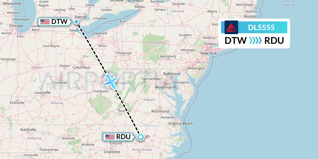 DL5555 Delta Air Lines Flight Map: Detroit to Raleigh-Durham