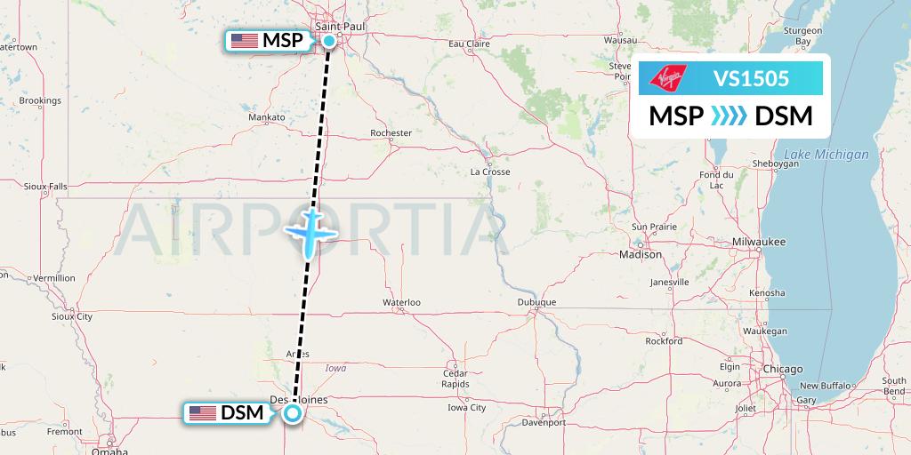VS1505 Virgin Atlantic Airways Flight Map: Minneapolis to Des Moines