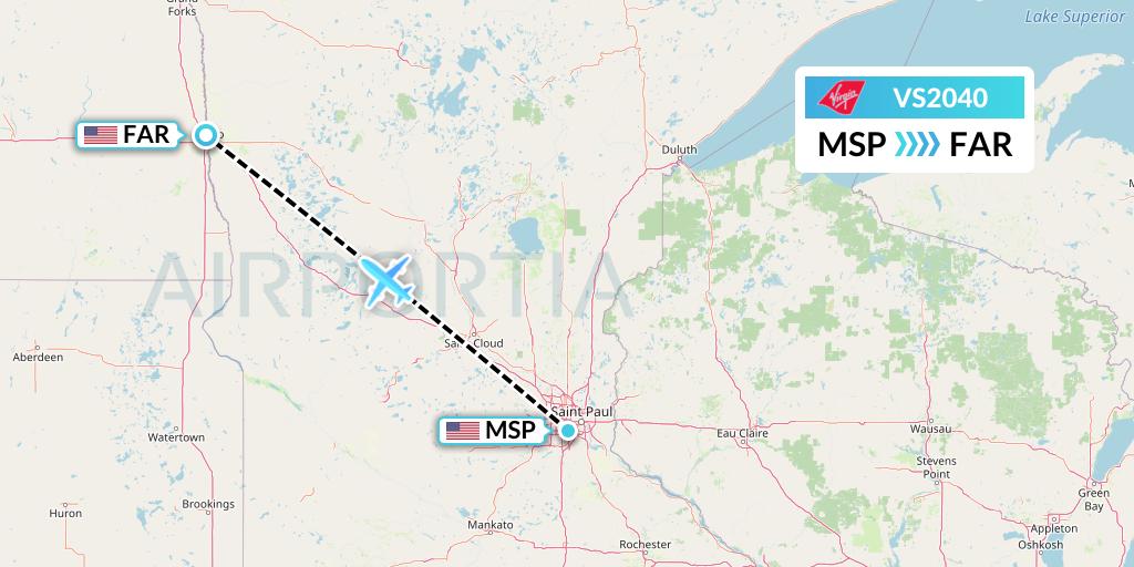 VS2040 Virgin Atlantic Airways Flight Map: Minneapolis to Fargo