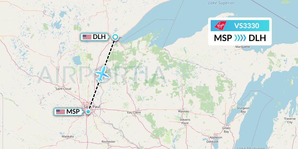 VS3330 Virgin Atlantic Airways Flight Map: Minneapolis to Duluth