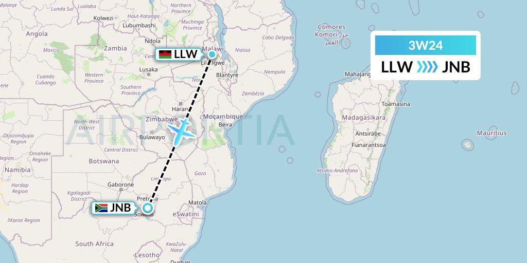 3W24 Malawian Airlines Flight Map: Lilongwe to Johannesburg