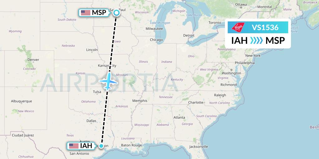 VS1536 Virgin Atlantic Airways Flight Map: Houston to Minneapolis