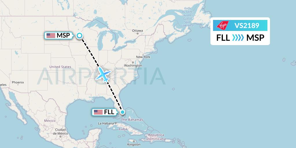 VS2189 Virgin Atlantic Airways Flight Map: Fort Lauderdale to Minneapolis