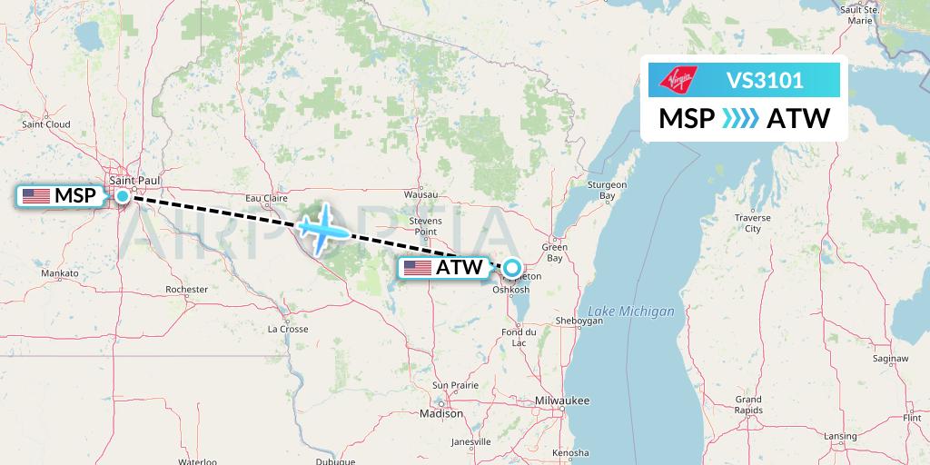 VS3101 Virgin Atlantic Airways Flight Map: Minneapolis to Appleton