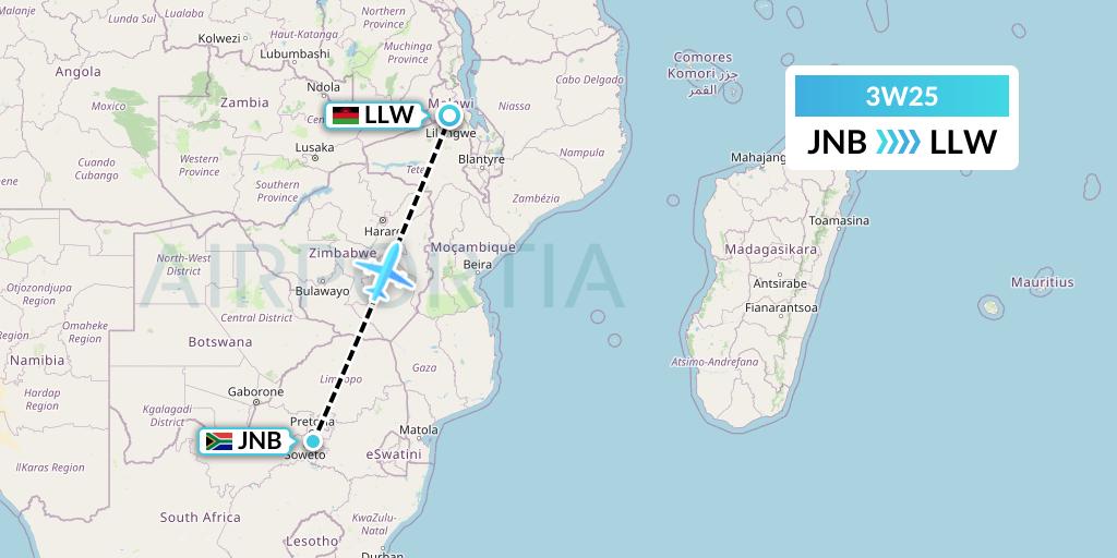 3W25 Malawian Airlines Flight Map: Johannesburg to Lilongwe