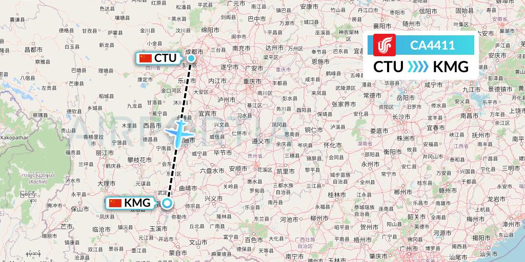 CA4411 Air China Flight Map: Chengdu to Kunming