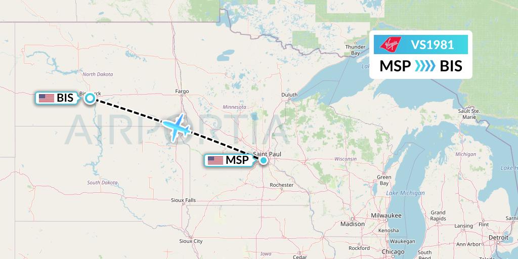 VS1981 Virgin Atlantic Airways Flight Map: Minneapolis to Bismarck