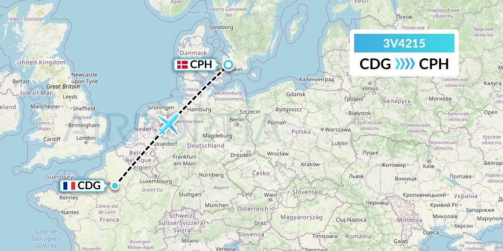 3V4215 ASL Airlines Belgium Flight Map: Paris to Copenhagen
