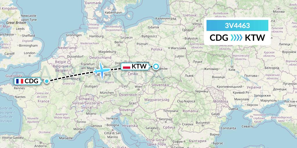 3V4463 ASL Airlines Belgium Flight Map: Paris to Katowice