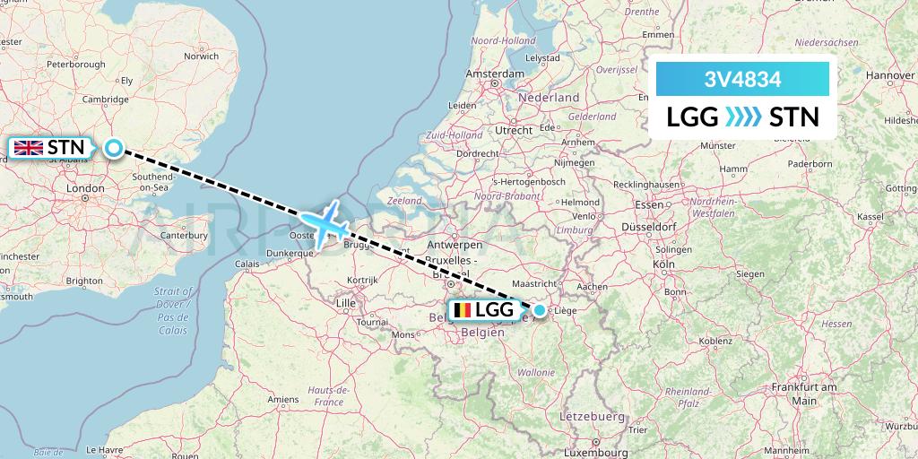 3V4834 ASL Airlines Belgium Flight Map: Liege to London