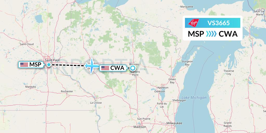 VS3665 Virgin Atlantic Airways Flight Map: Minneapolis to Wausau